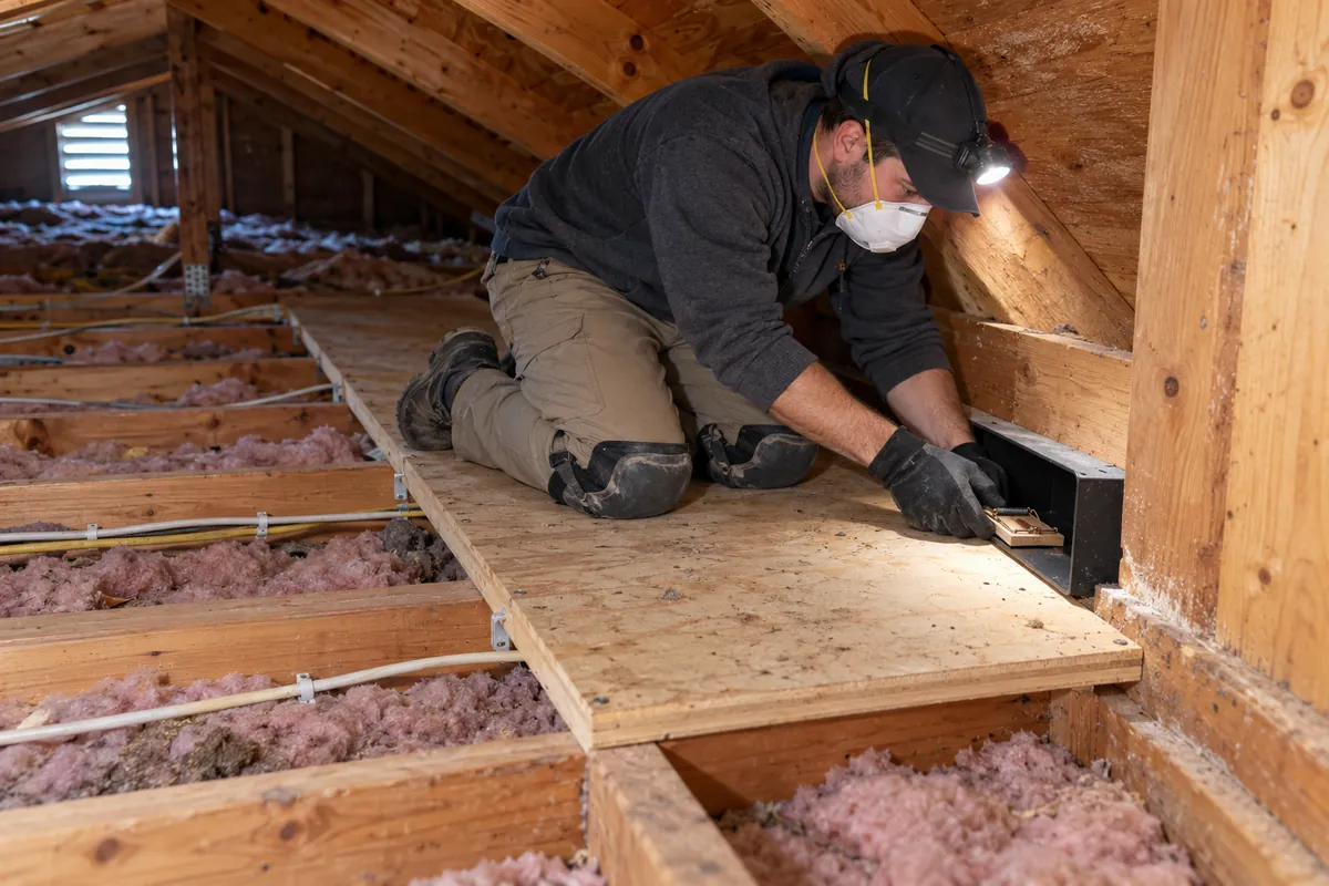 Technician placing a trap among the joists of an attic, attic rodent cleanup in Escondido, CA