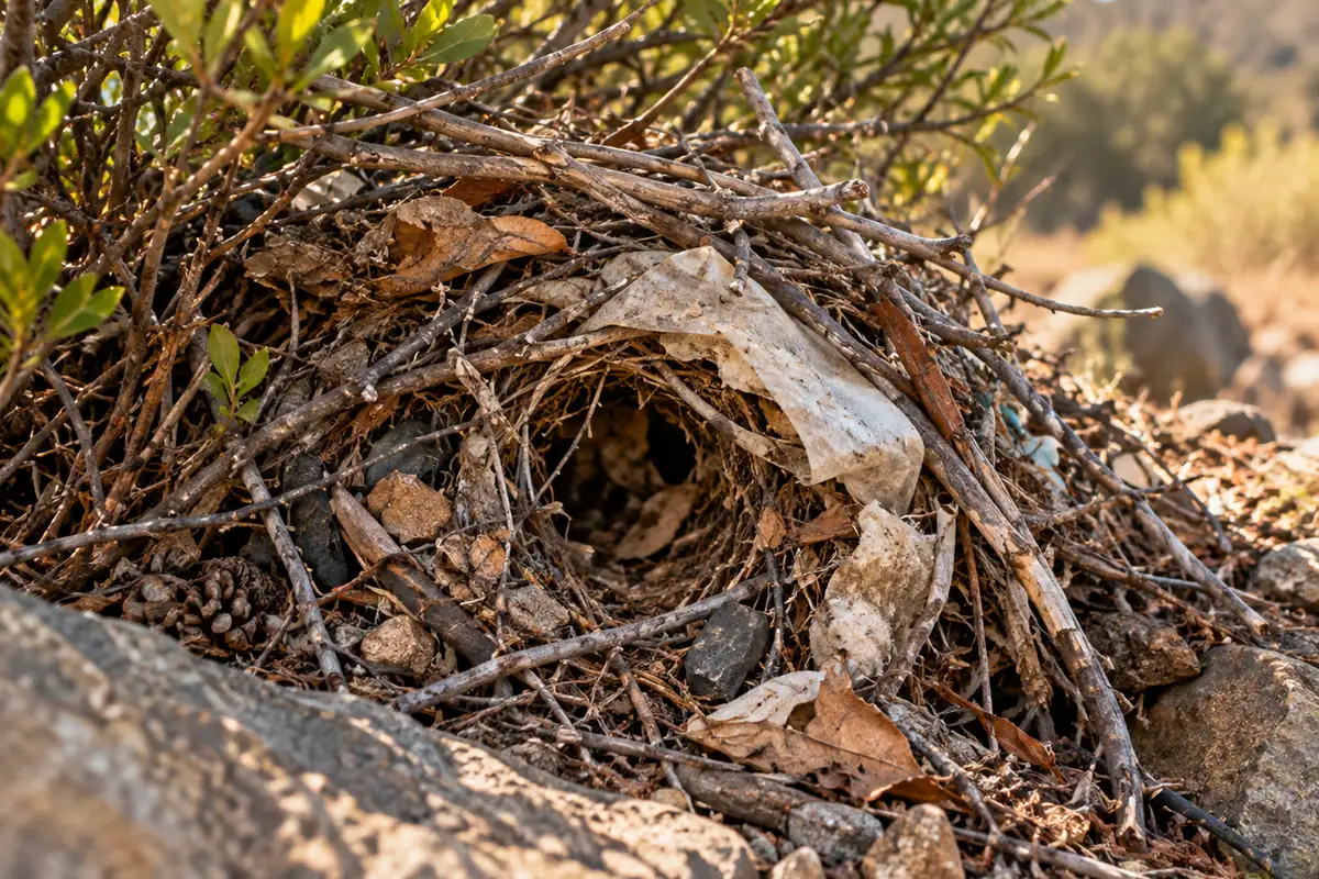 Rodent nesting material at a brush edge, commercial rodent control in Escondido, CA