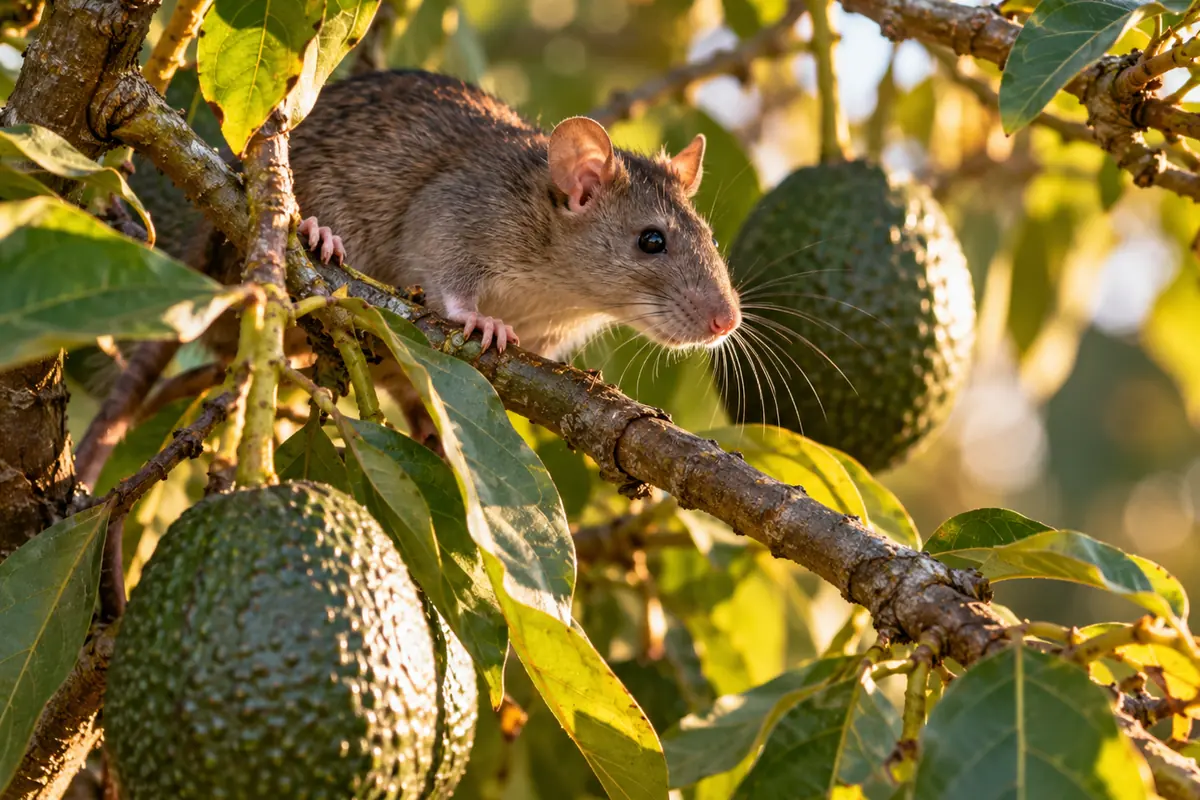 Rat moving along an avocado tree branch, pack rat control in Escondido, CA