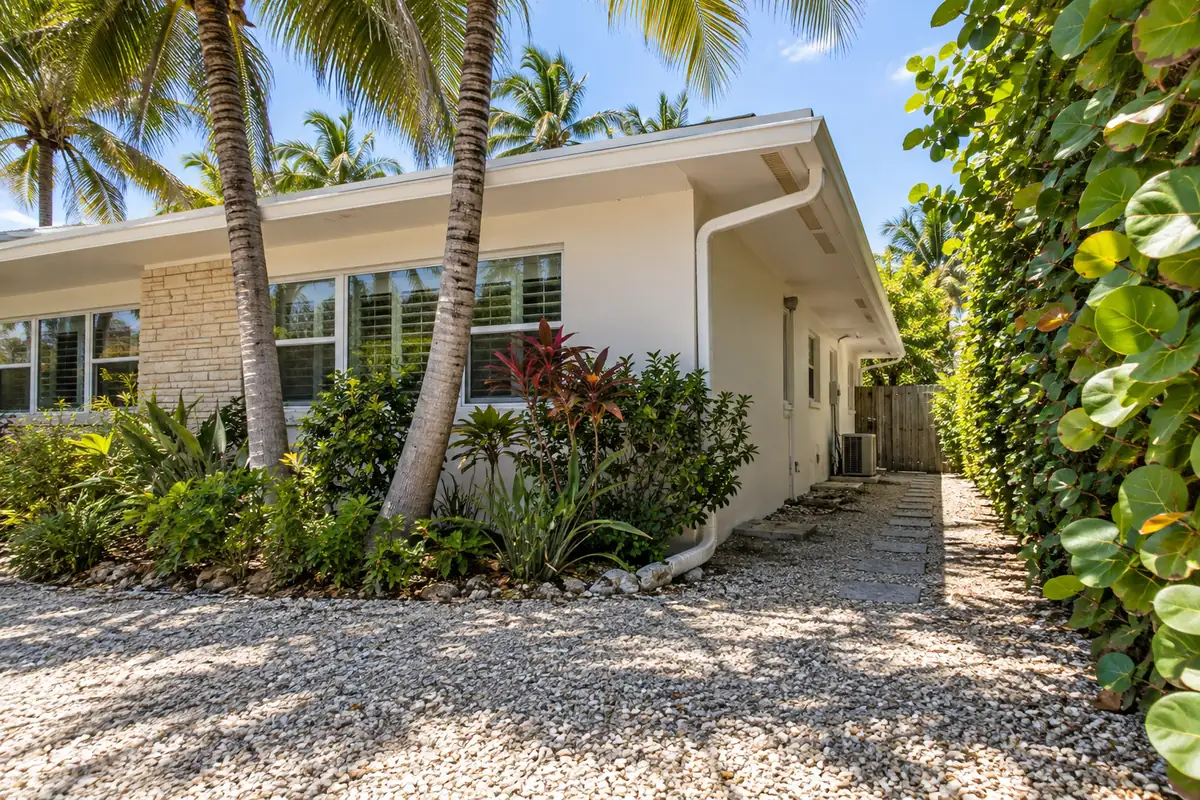 One-story home with palm trees and a gravel path, pest control in Escondido, CA
