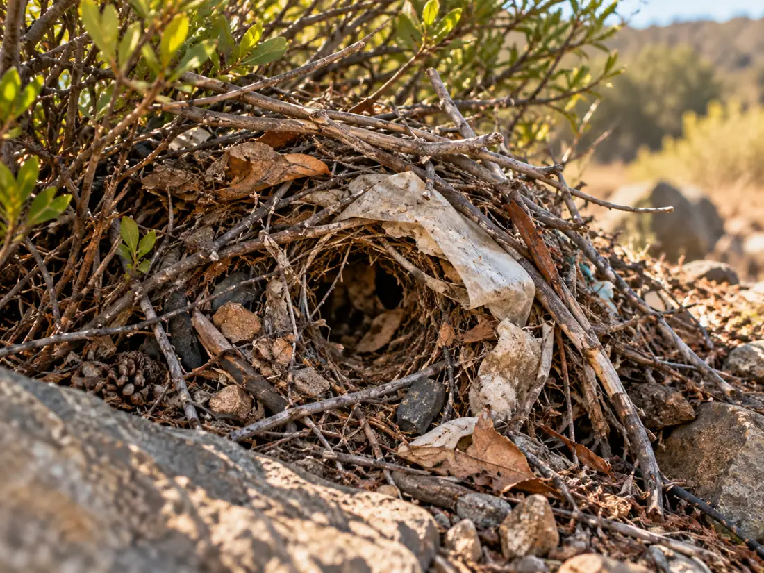 Rodent nesting material at a brush edge