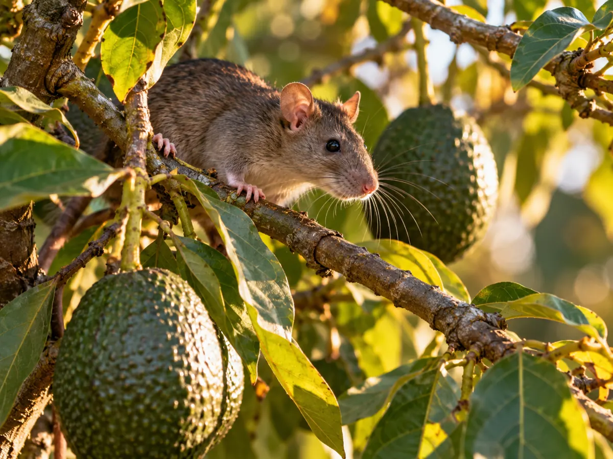 Rat moving along an avocado tree branch