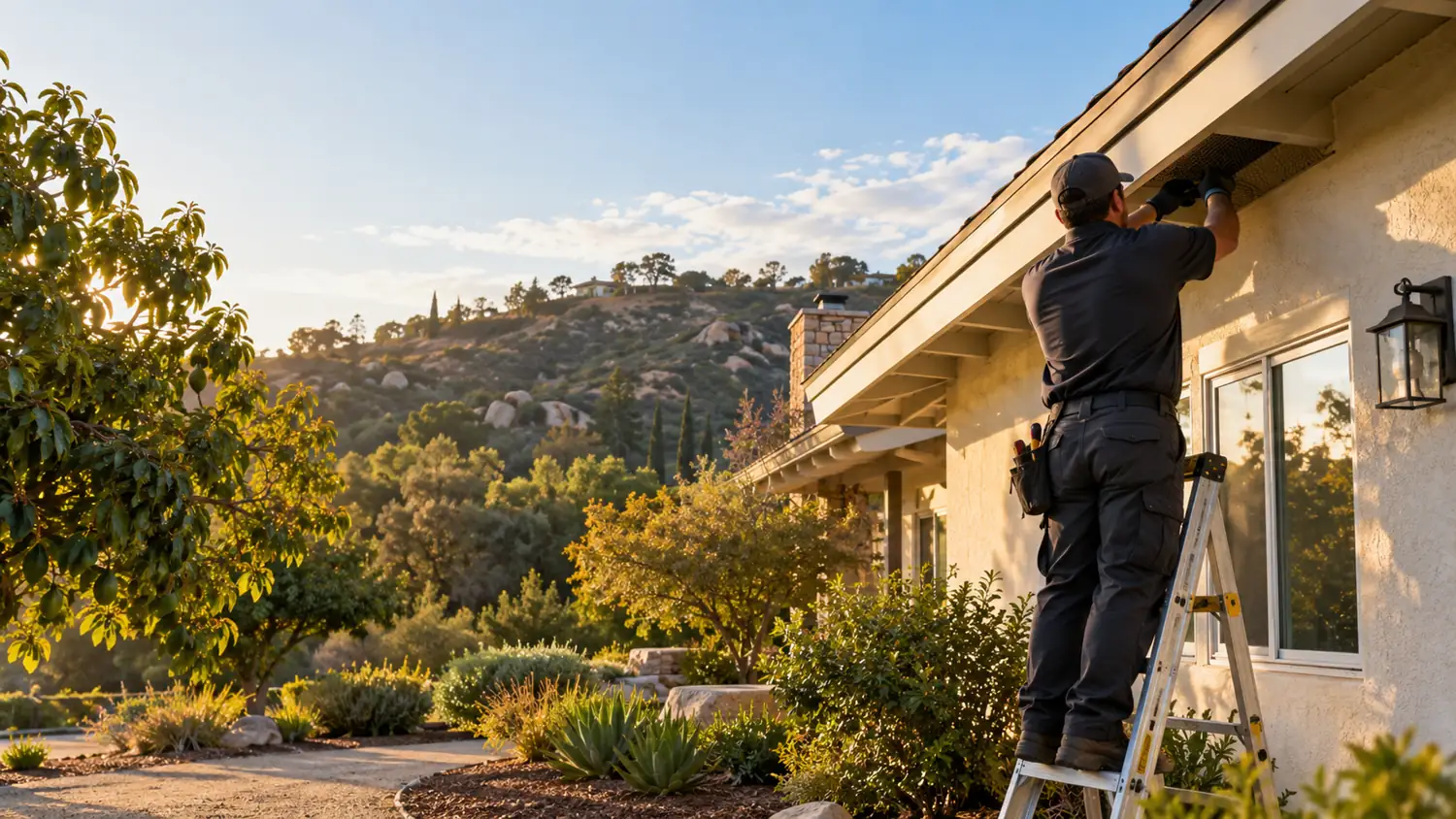 Roofline and garden of a hillside home